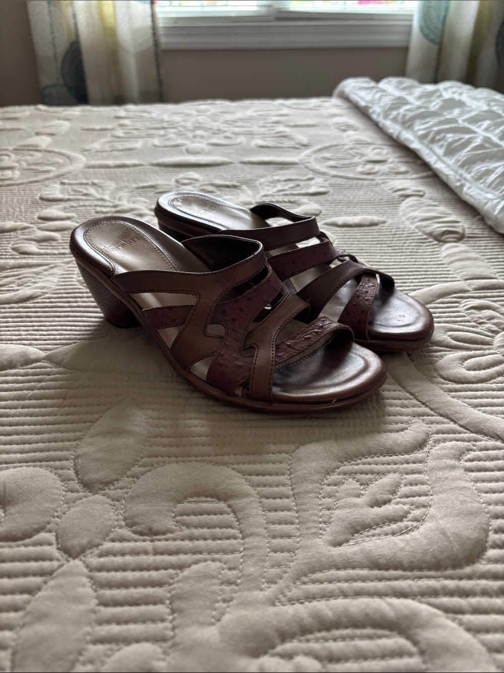 Women's Dansko Brown Leather Slide Heeled Sandals.